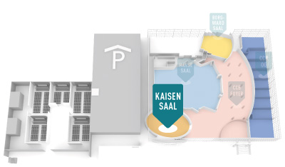 Grafik unterteilte Halle 4 mit Parkhaus und angrenzendem Congress Centrum Bremen, markiert: Kaisen Saal