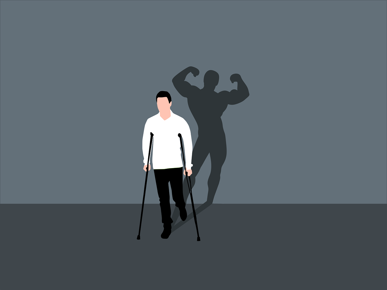 Das Piktogramm eines Mannes an Krücken vor einer Wand, auf der der Schatten des Mannes als Muskelprotz dargestellt wird.